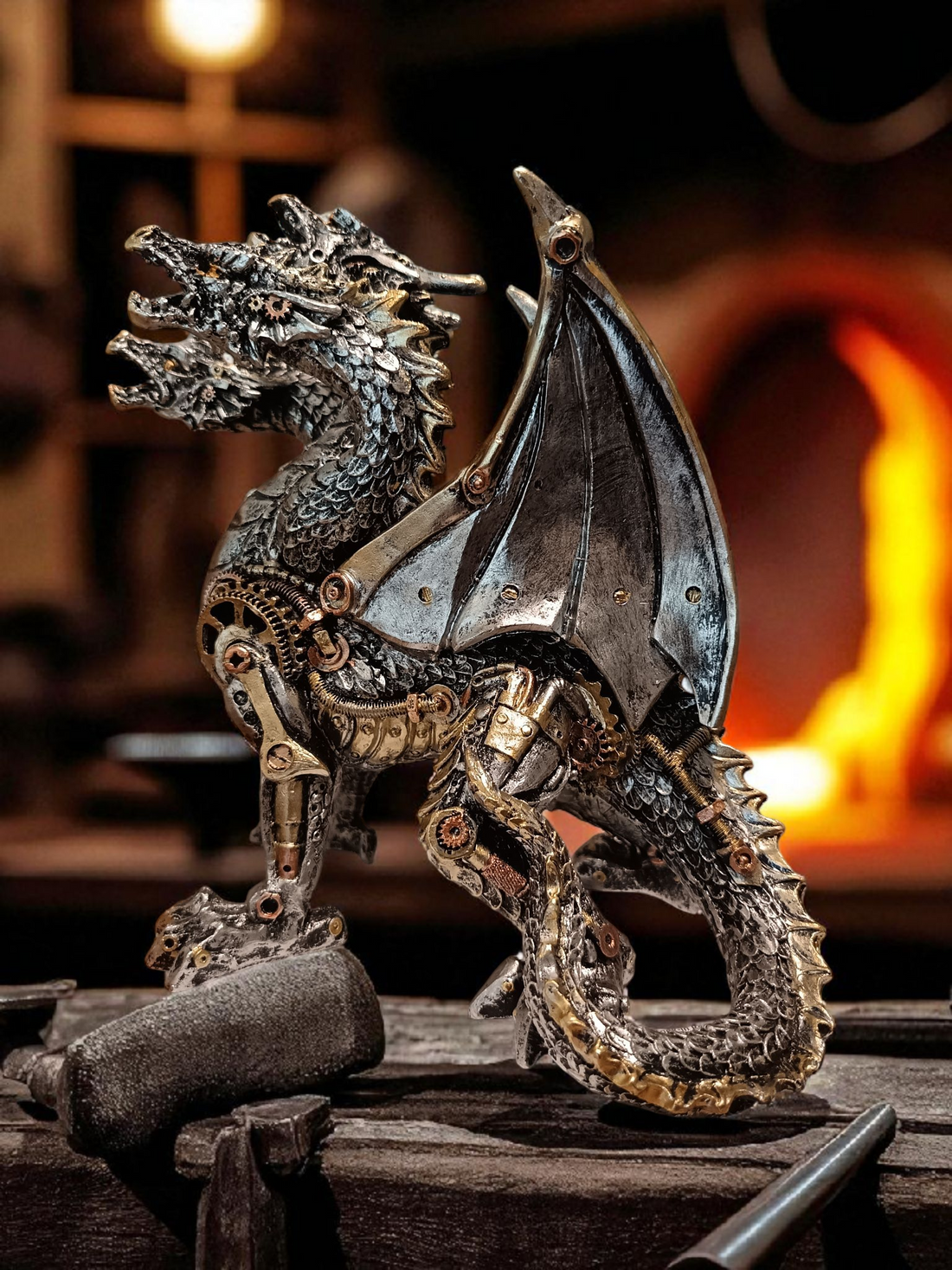The steampunk dragon is not just a scaly beast; it's a living machine.