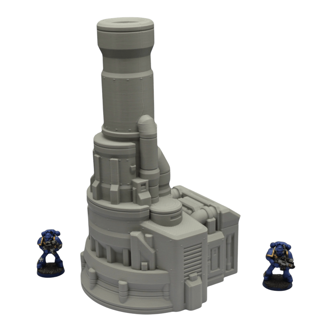 Industrial Terrain and Scenery for Wargaming: detailed factory model with miniatures for scale.