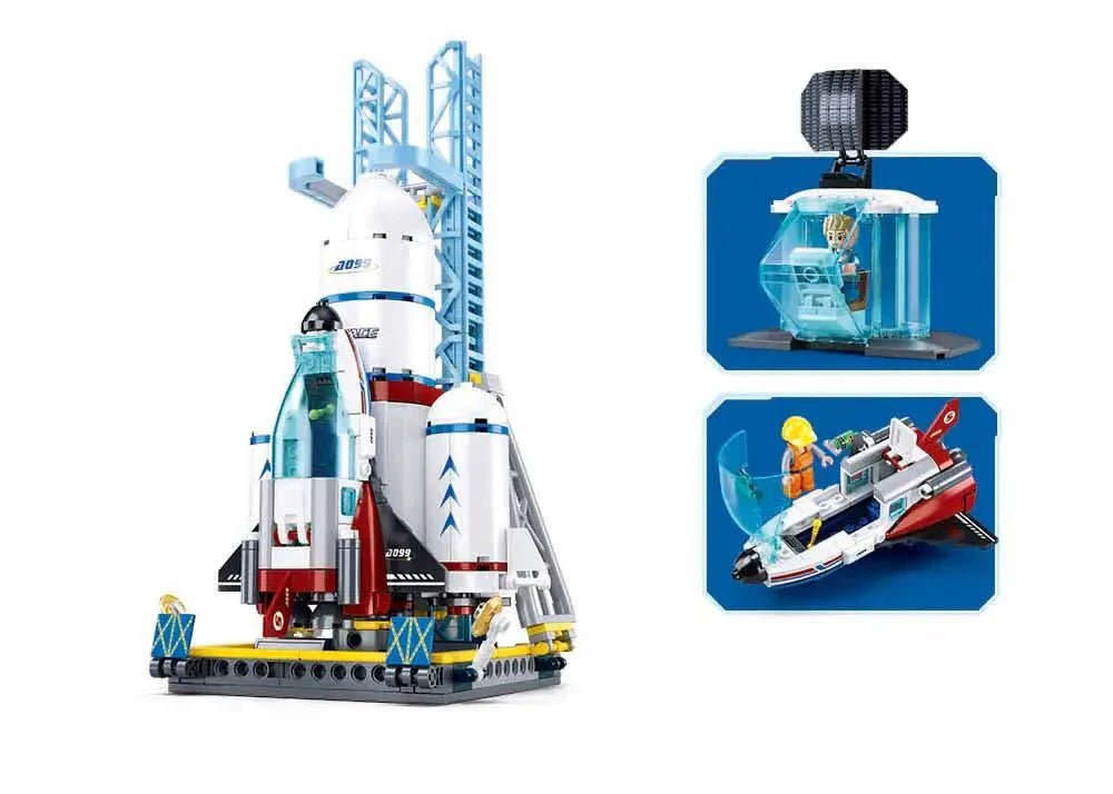 Sluban Space Dream Launch Centre model with rocket and accessories showcasing creativity.