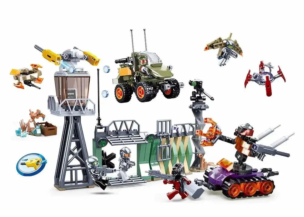 Sluban Atomic Storm Uprising Outpost set featuring vehicles and battle figures in a dystopian scene.