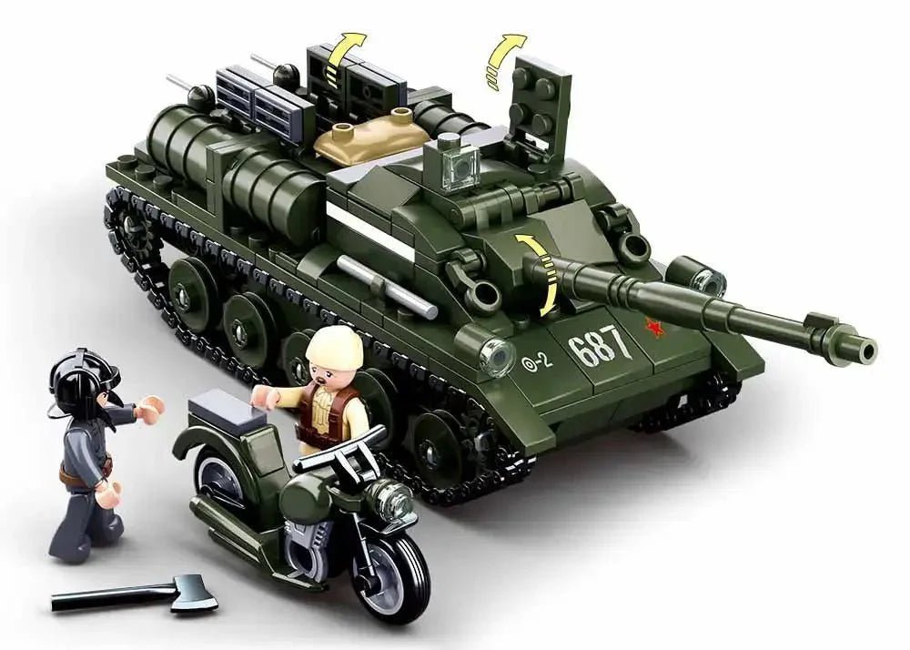 Sluban WW2 SU-85 Tank Destroyer building set with figures and accessories displayed on a white background.