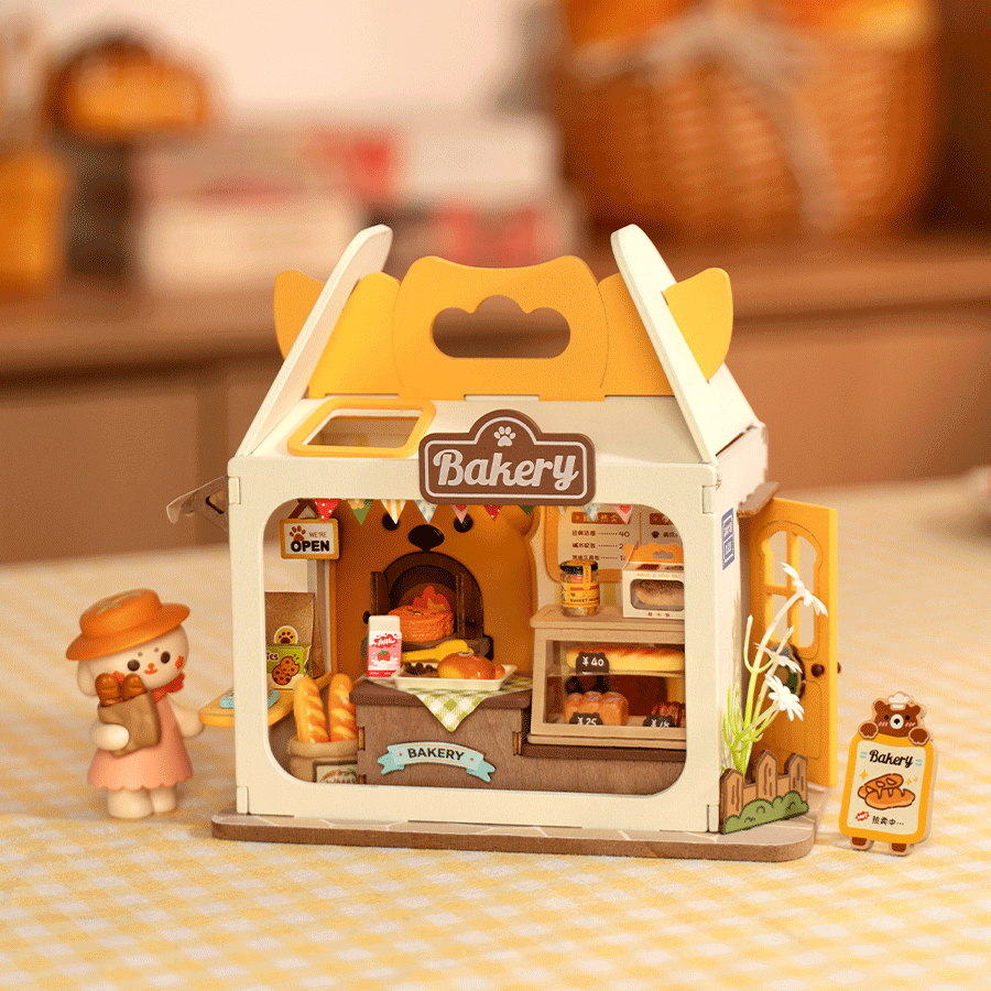 Rolife Teddy's Breadbox charming teddy bear bakery DIY with detailed interior and cute character.
