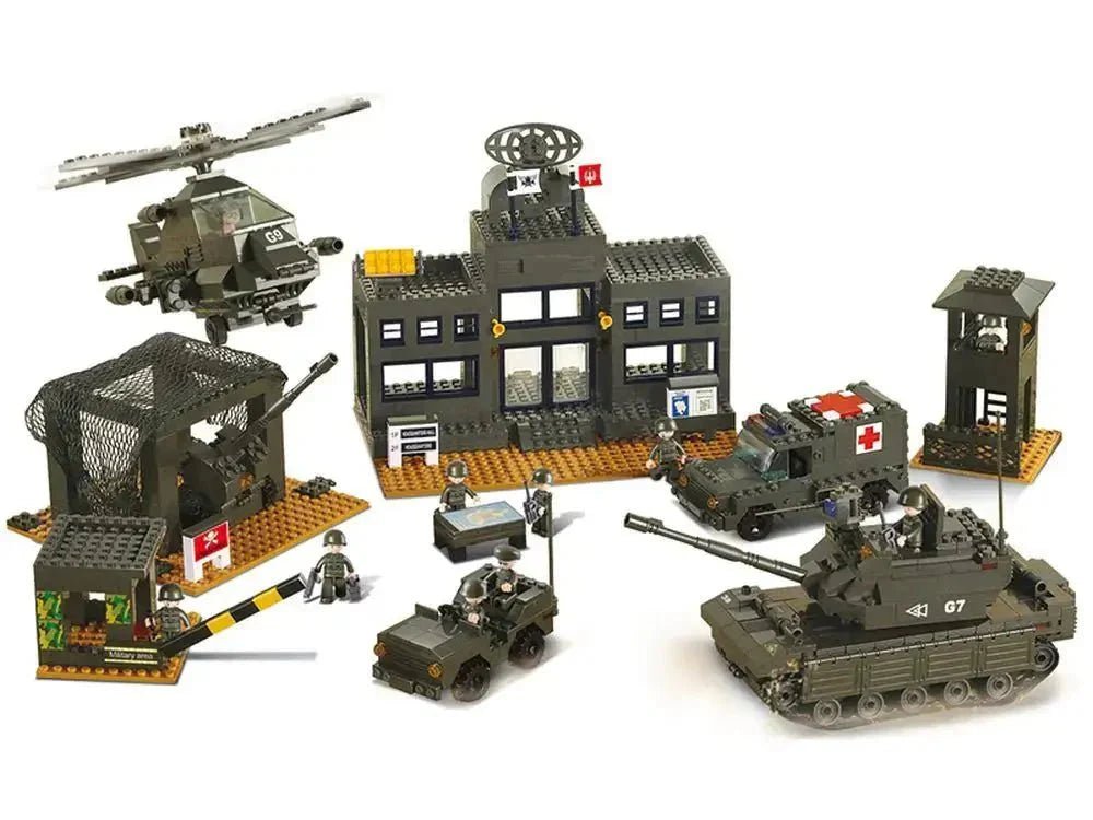 Sluban Army Headquarters model featuring tanks, helicopters, and military vehicles in an action-packed setup.