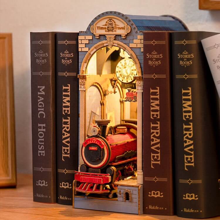 Rolife Time Travel Book Nook showcasing a detailed train station scene amidst closed books.