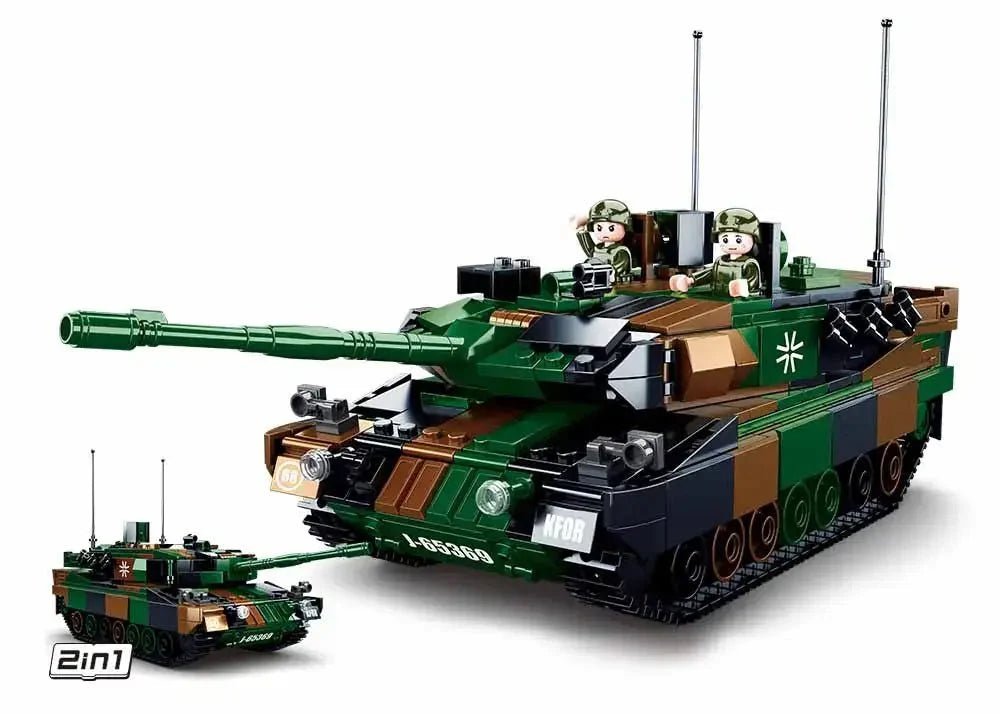 Sluban Leopard 2A5 Main Battle Tank model with two tanks and figures, showcasing a 2 in 1 build with 766 pieces.