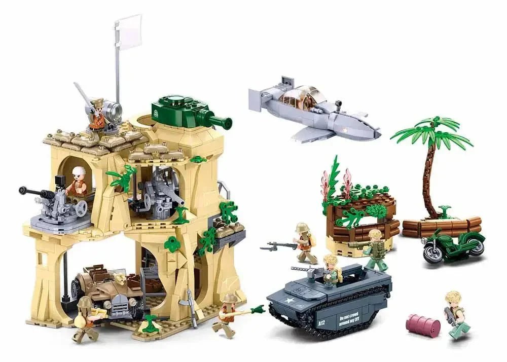 Sluban WW2 Battle For Iwo Jima set featuring vehicles, soldiers, and a detailed battle scene.