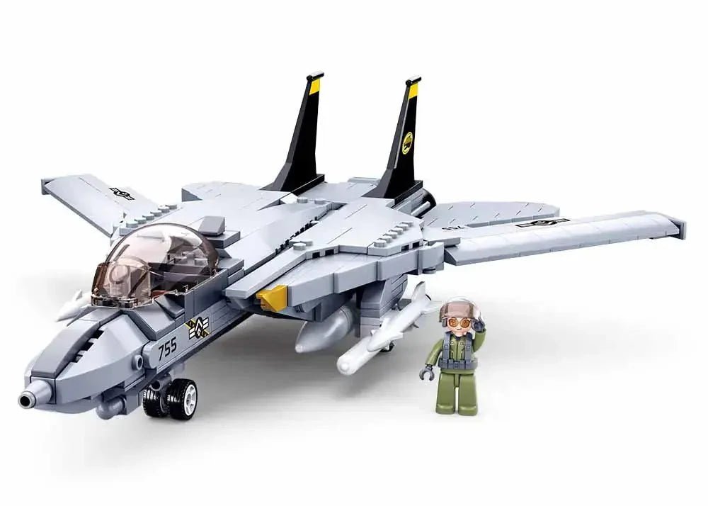 Sluban F14 Fighter Plane model with pilot figure showcasing a detailed build and impressive design, ideal for adventure.