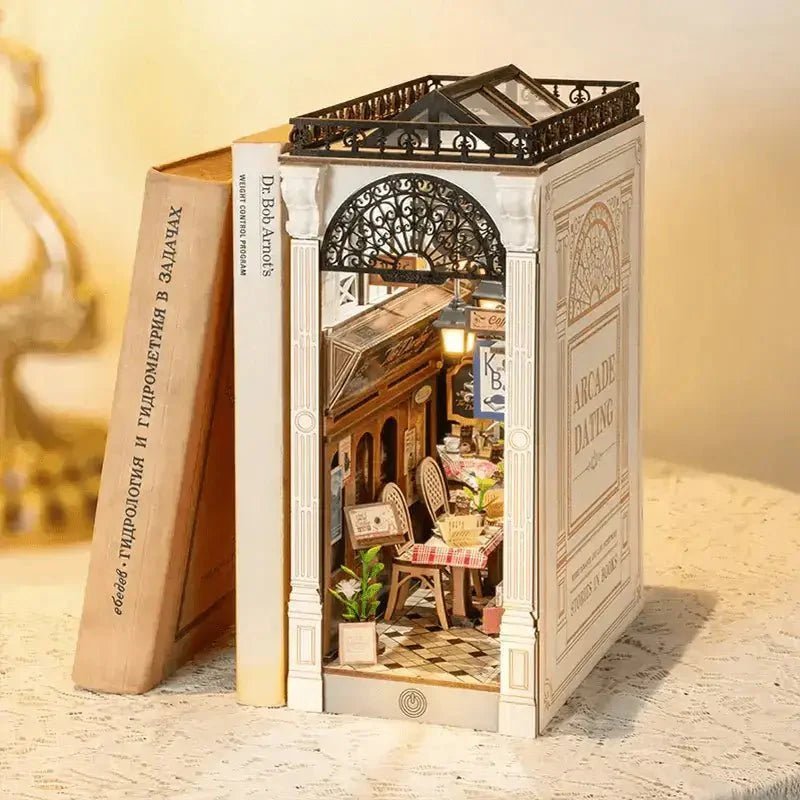 Rolife Arcade Dating Book Nook model with intricate details in a charming setting inside a book.