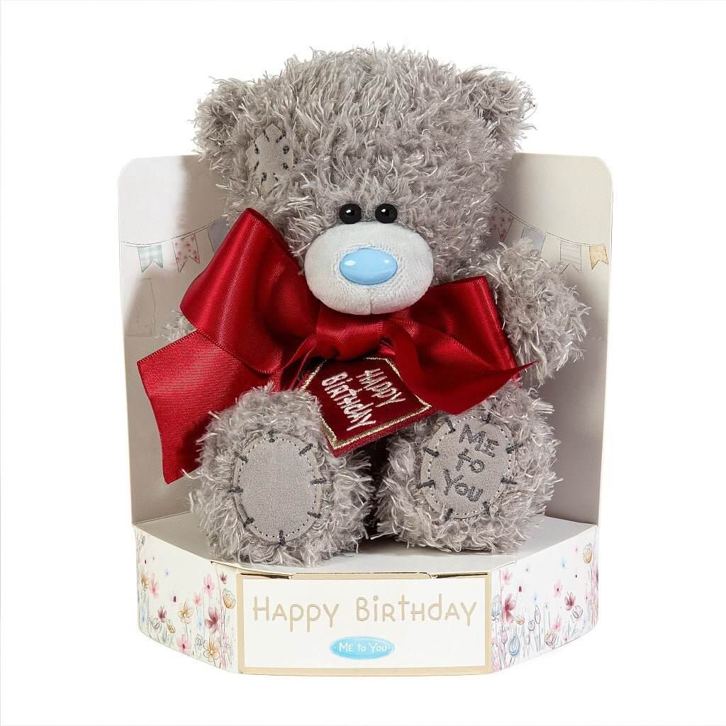 Me To You Tatty Teddy Happy Birthday plush bear with satin bow on gift plinth