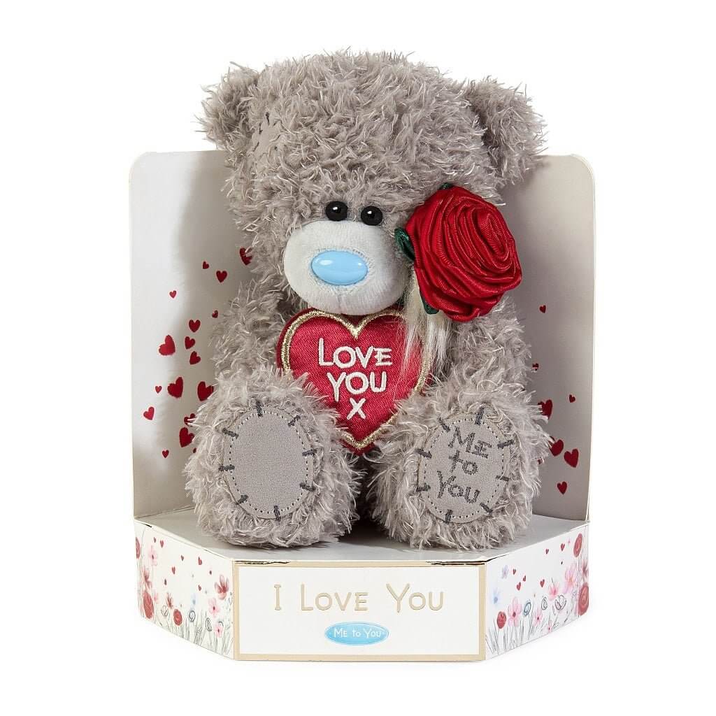 Me To You Tatty Teddy I Love You plush bear holding red rose on gift plinth