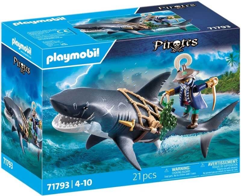 Playmobil Playsets and Figures featuring a pirate figure riding a shark in the Pirates themed playset.