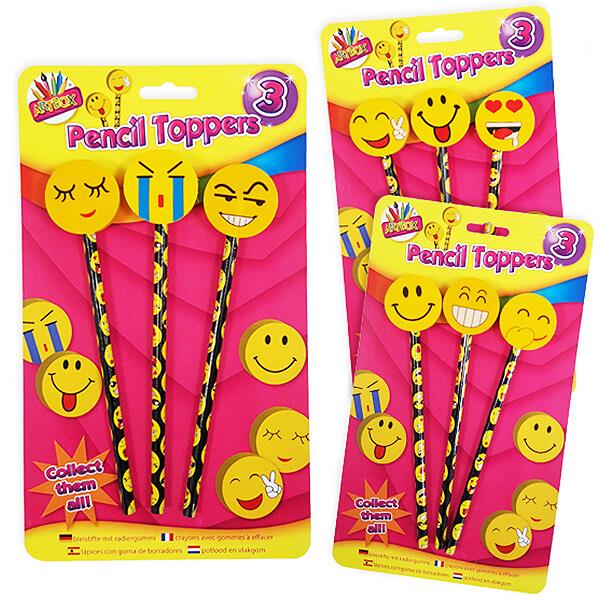 Kid's Pack of 3 Eraser-Topped Emoji Face Pencils (Assorted Designs) Curious Minds