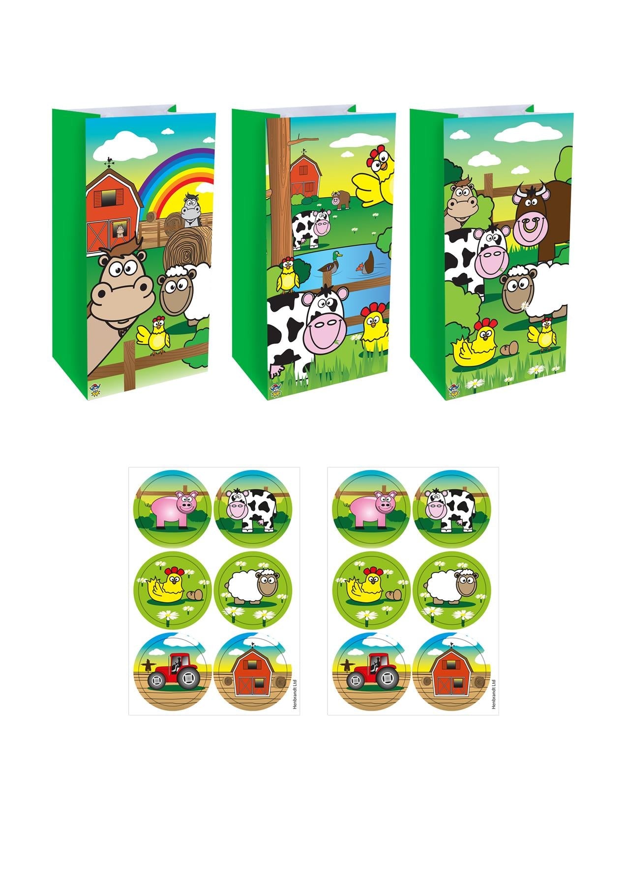 Farm Animal Paper Party Bags with Stickers (3 Assorted Designs) Pack of 12 Curious Minds