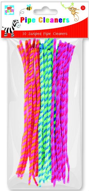 Children's Pack of 30 Colourful Striped Pipe Cleaners for Crafts Curious Minds