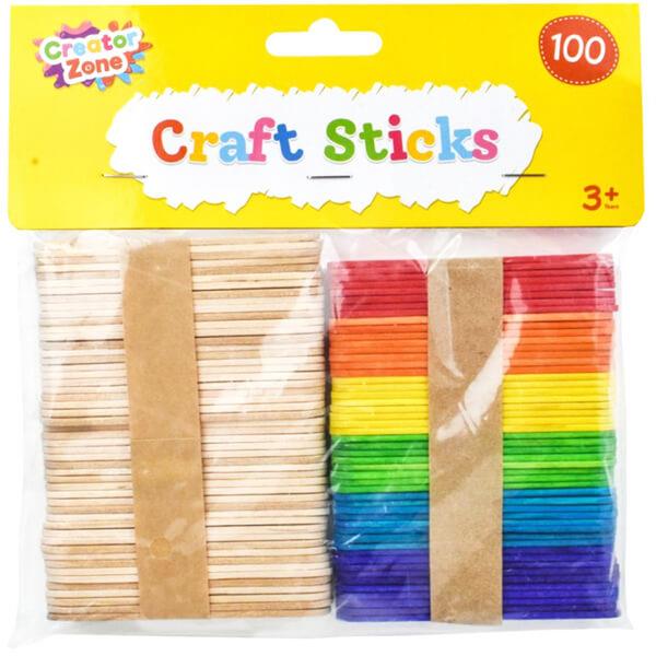 Pack of 100 Children's Craft Sticks in Plain and Assorted Colours Curious Minds