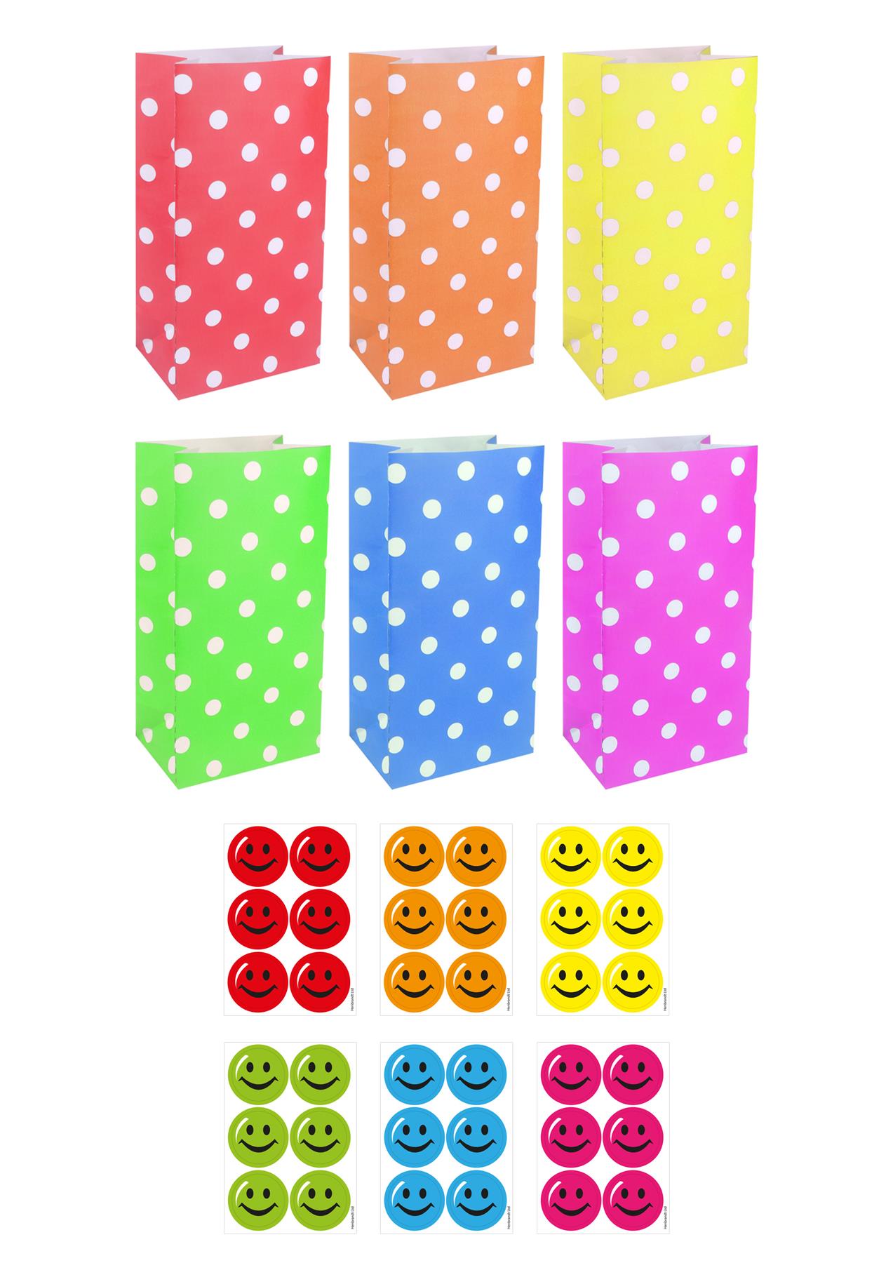 Polka Dot Paper Party Bags with Smiley Face Stickers (6 Assorted Colours) Pack of 12 Curious Minds