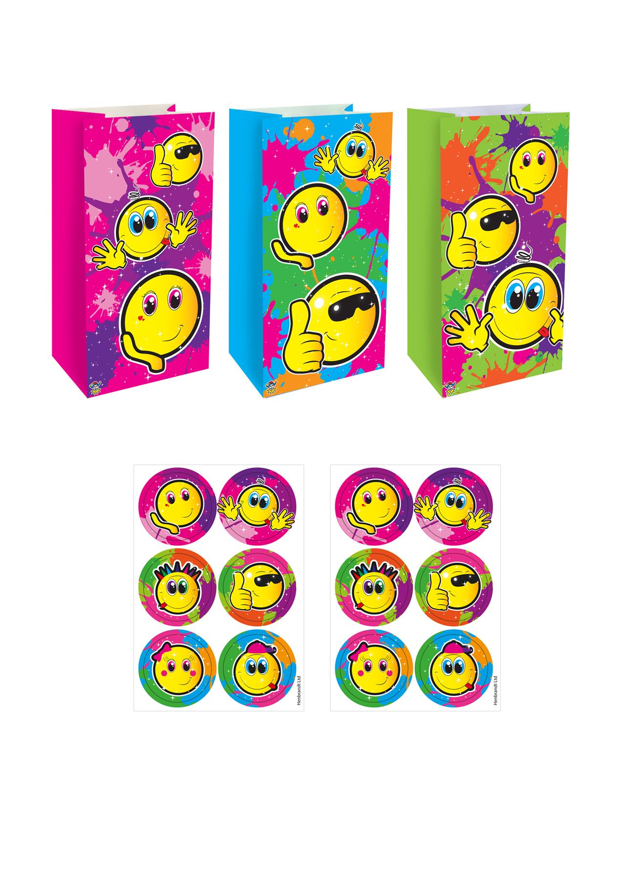 Yellow Smile Paper Party Bags with Stickers (3 Assorted Designs) Pack of 12 Curious Minds
