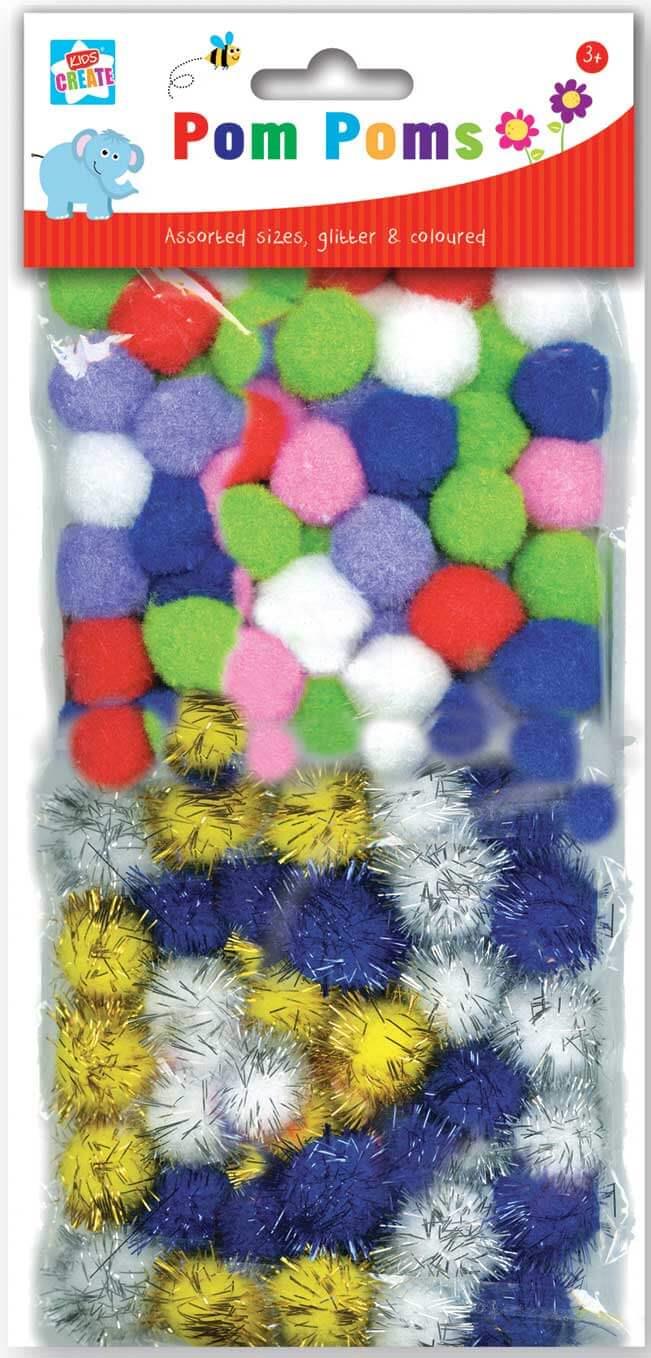 Children's Pack of 100 Pom Poms in Assorted Sizes, Colours, & Designs Curious Minds