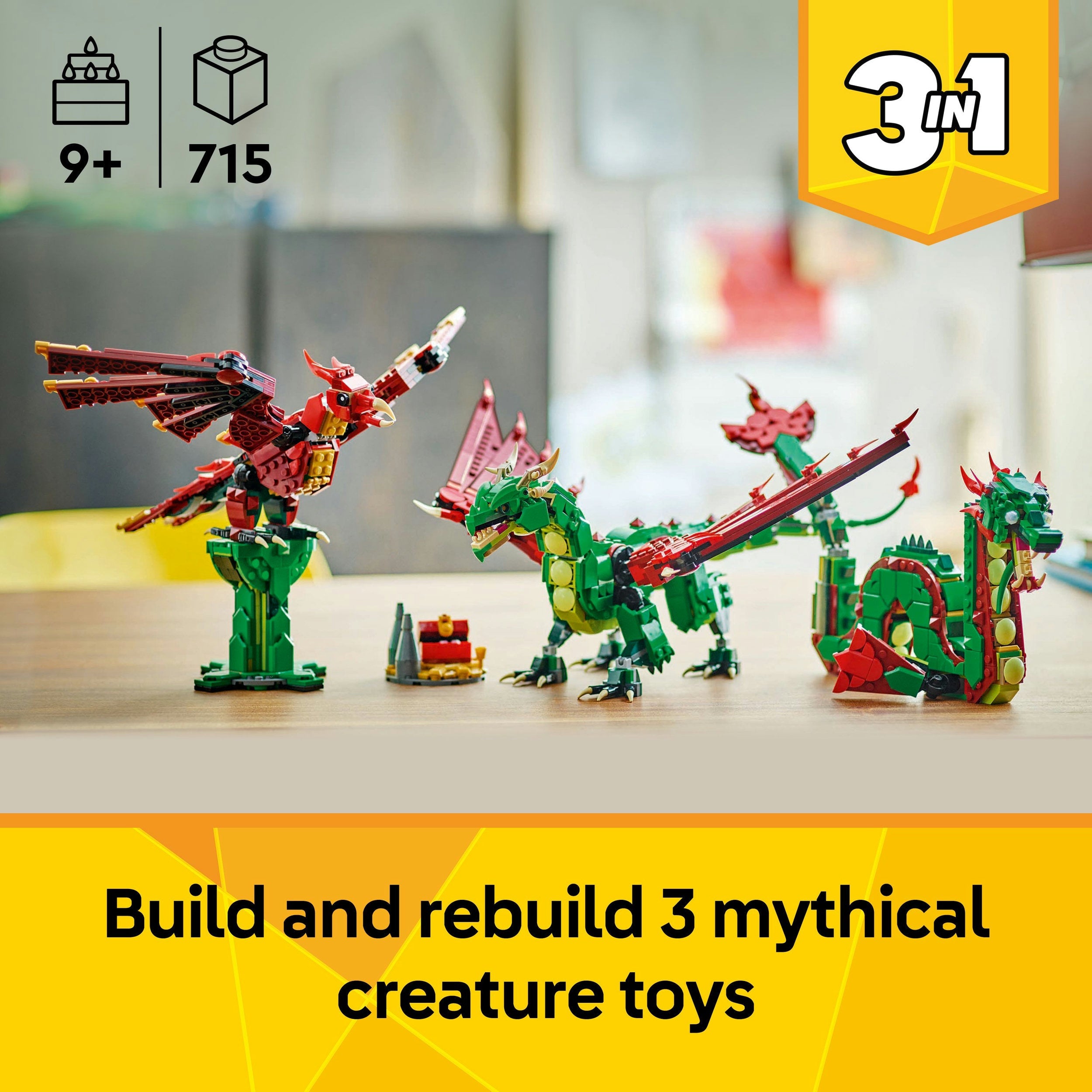 Lego Creator 3 in 1 31161 Medieval Dragon Toy Playset for Ages 9 & Up Curious Minds