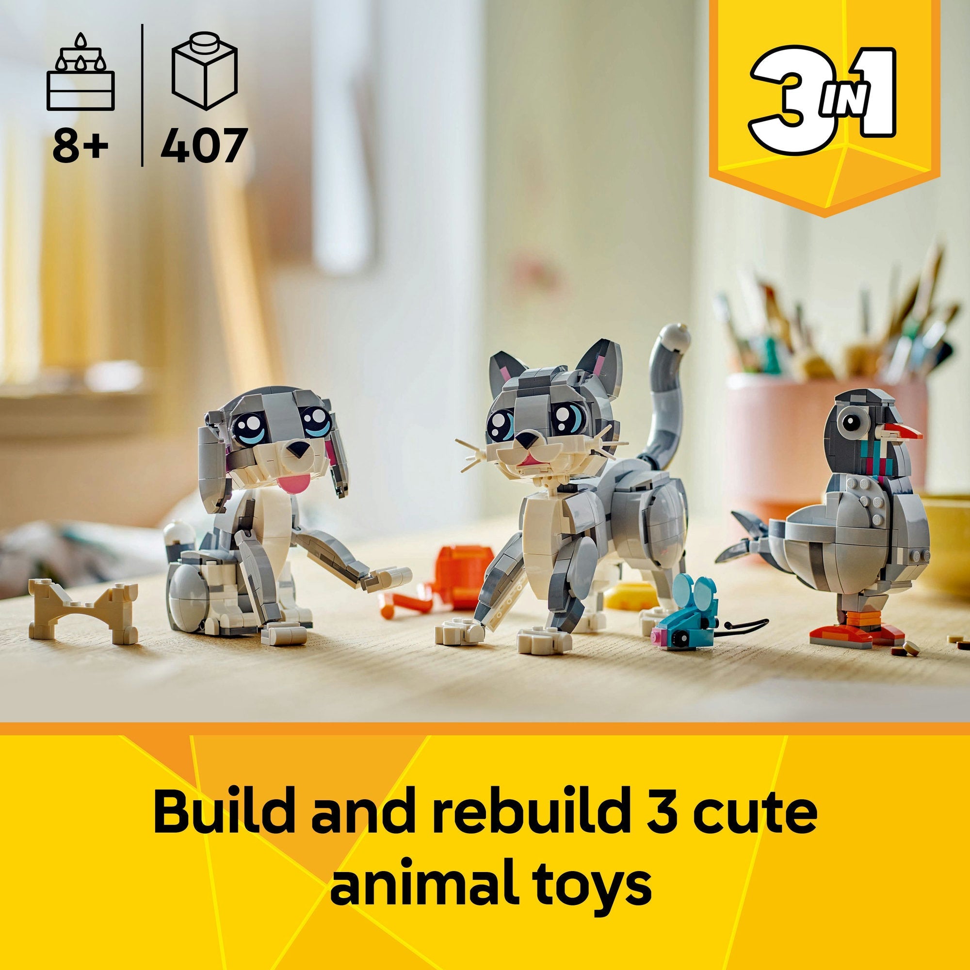 Lego Creator 3 in 1 31163 Playful Cat Rebuildable Toy for Ages 8 & Up Curious Minds