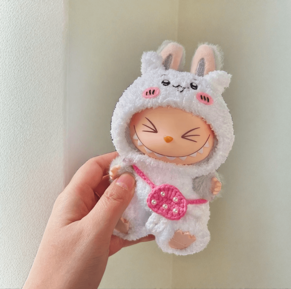 Labubu Chiikawa Costume Set - White Character Costume with Pink Purse (17cm) Sitting Labubu FOXLEY LONDON