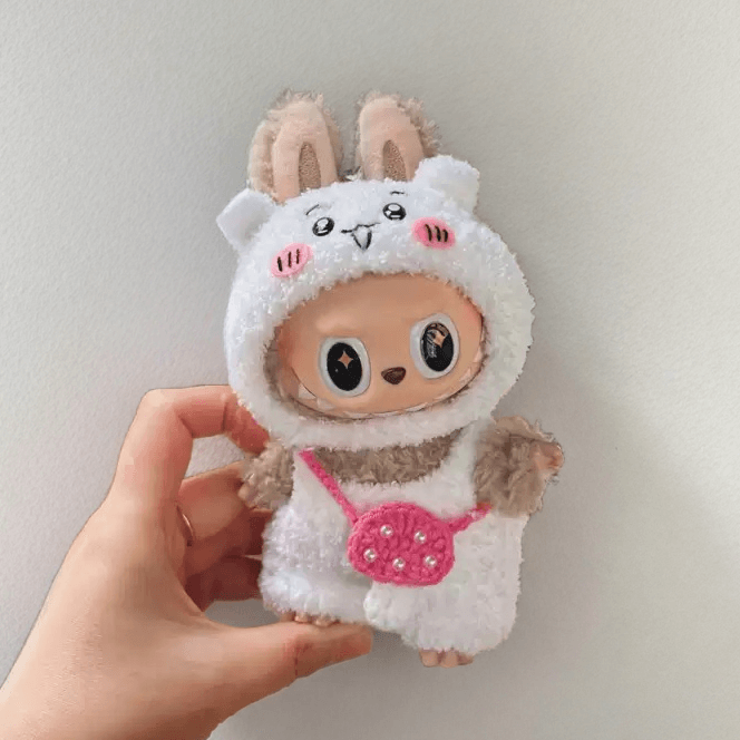 Labubu Chiikawa Costume Set - White Character Costume with Pink Purse (17cm) Standing Labubu FOXLEY LONDON