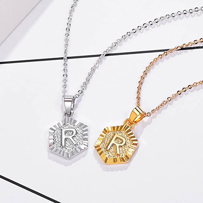 Focalook Jewellery - Letter 'R' Hexagon pendant necklace The Imagination Shop