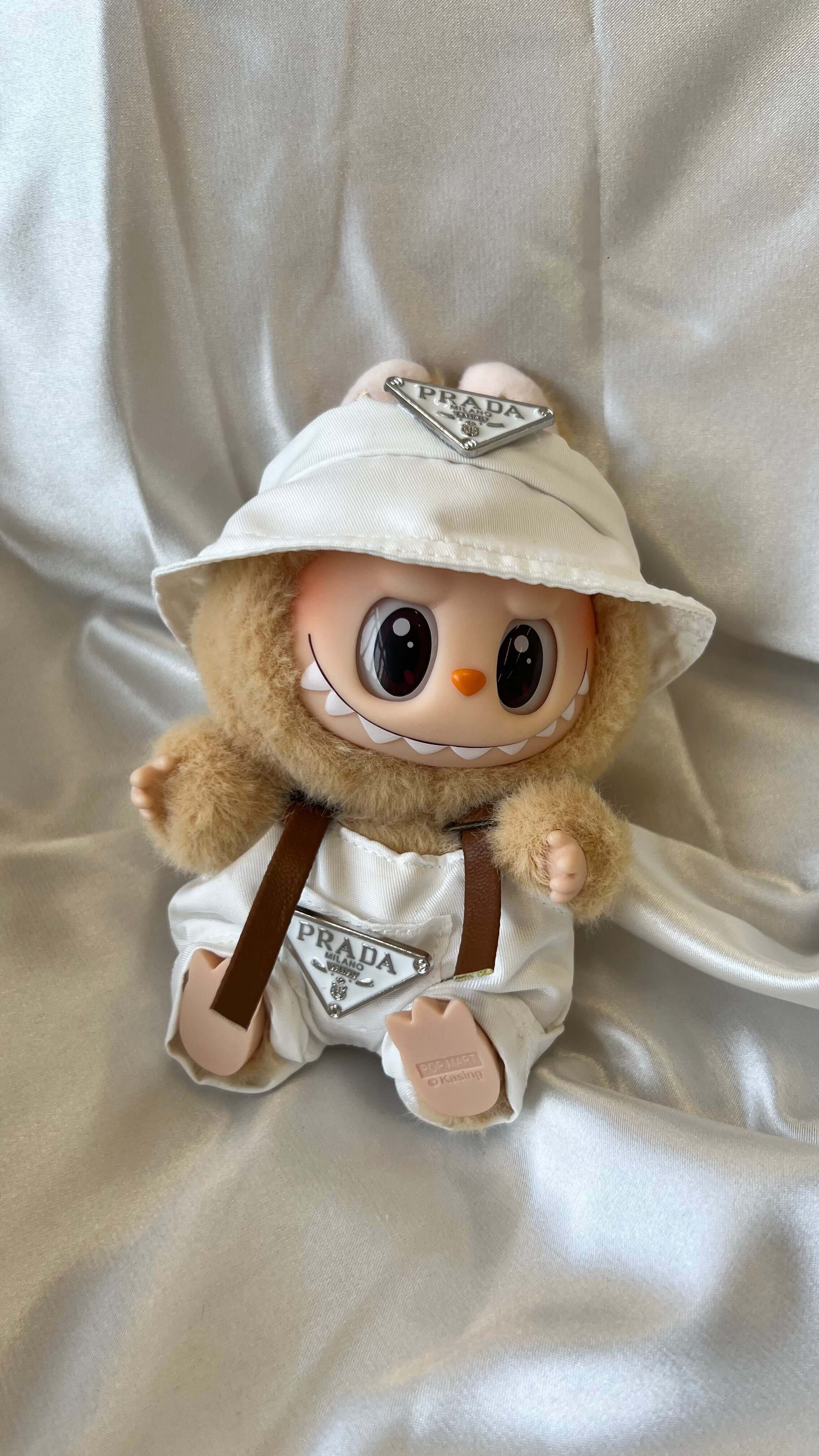 Labubu Designer-Inspired Bucket Hat and Overalls Set - White FOXLEY LONDON