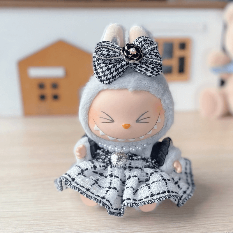 Labubu Have a Seat Doll Dresses Grey Chanel-Style Dress with Hair Bow & Necklace FOXLEY LONDON
