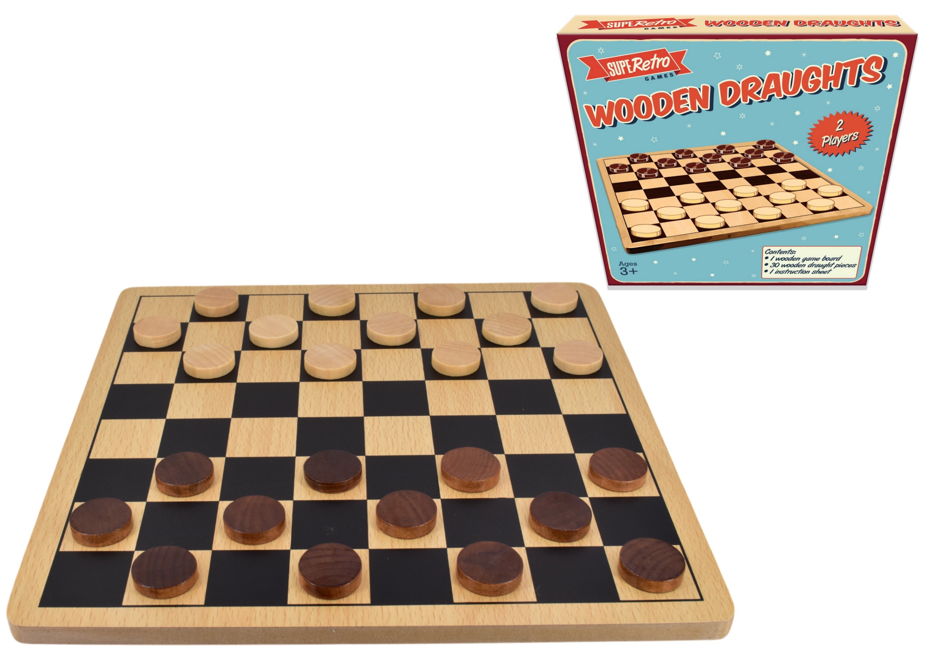 "Retro" Wooden Board Draughts - Colour Box Rooleo