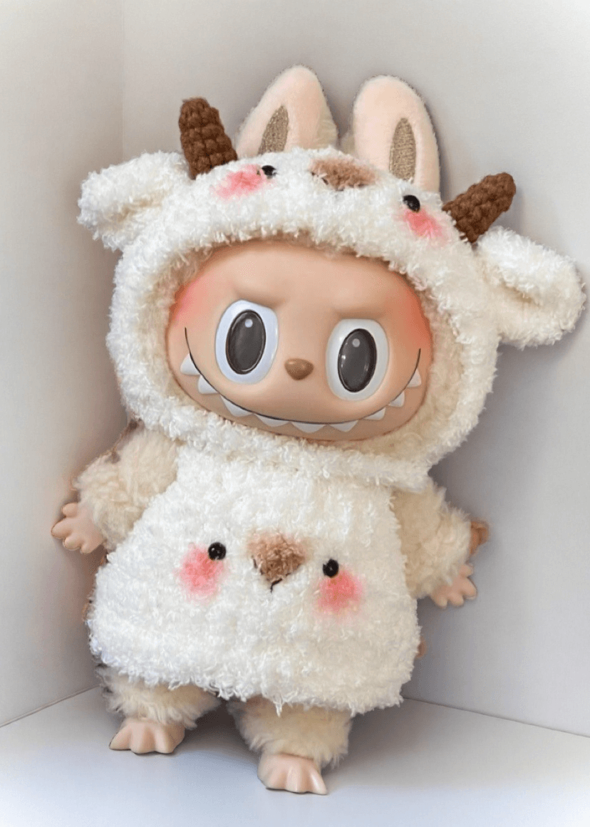 Labubu Fluffy Goat Costume Set - Cream White Onesie with Horns (17cm) FOXLEY LONDON
