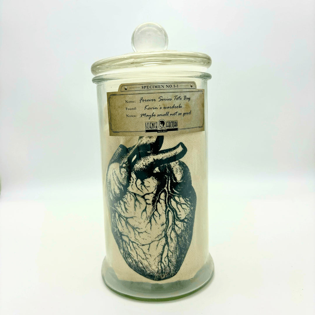 Mr Sci Glass Specimen Jar & Science Tote Bag Beating Forever (Heart) Curious Minds
