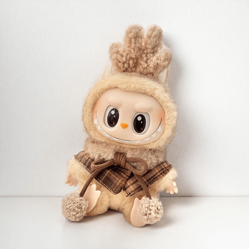 Labubu Cozy Reindeer Costume Set - Beige Plush & Plaid Scarf Character Costume FOXLEY LONDON