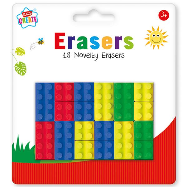 Children's Pack of 18 Colourful Brick Shape Novelty Erasers Curious Minds