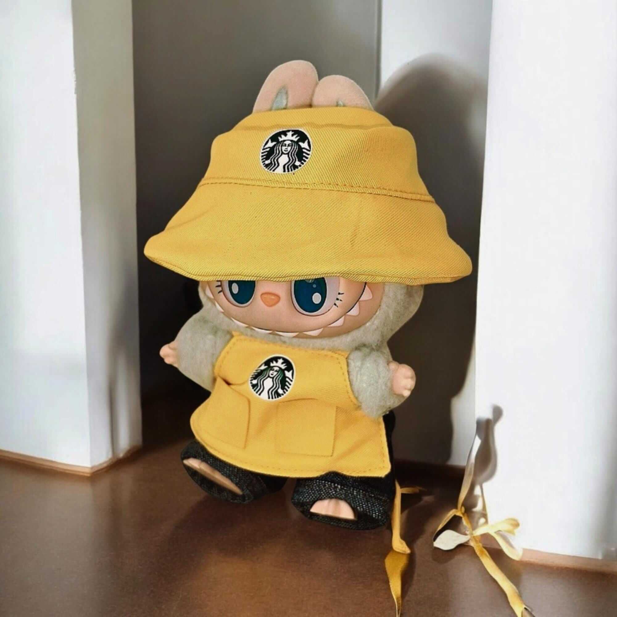 Labubu handmade doll starbucks clothes Doll outfit Labubu have a seat 17 cm Labubu Doll accessories Popmart Birthday gift Apron+hat Yellow FOXLEY LONDON