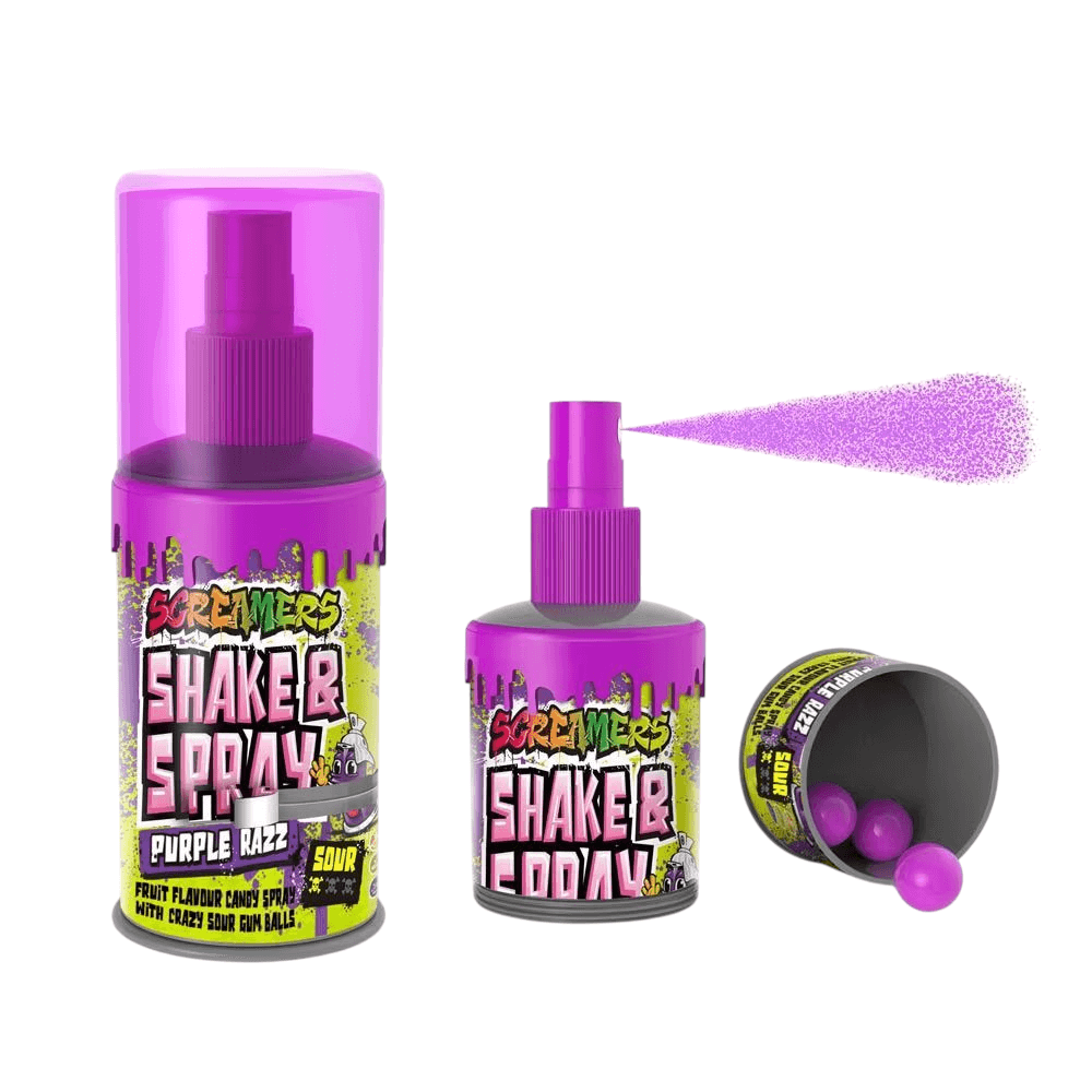 Zed Candy - Screamers Shake & Spray - Purple Razz Flavoured Candy Spray With Crazy Sour Gum Balls Zed